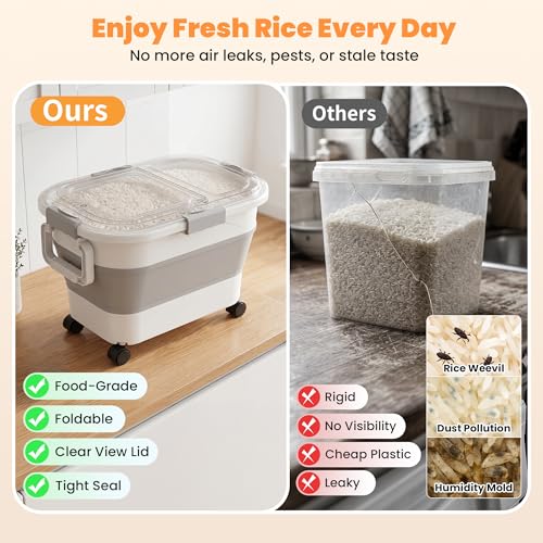 30 Lbs Rice Storage Container with Wheels, Collapsible Airtight Food Storage Container with Transparent Lid, Measuring Cup, Scoop, Handle, BPA Free Rice Holder for Pet Food, Grain, and Bird Seed - color: Clear/30lbs