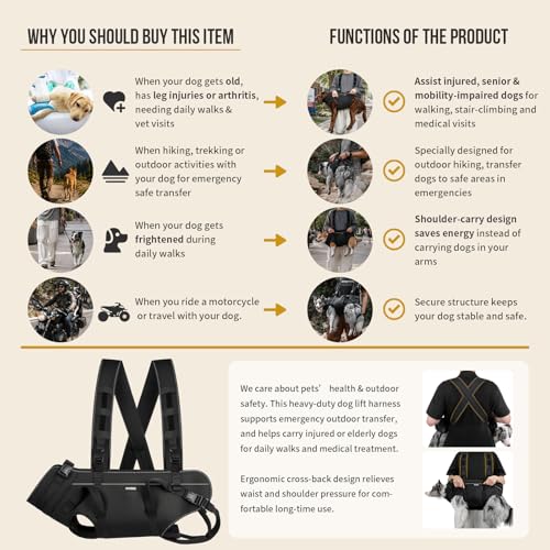OneTigris Dog Backpack Carrie, Lift Harness with Handle for Large Dogs, Reinforced Padded Dog Sling for Joint Injuries, Arthritis, Ideal for Stairs, Elderly Dogs Fits 18-32 lbs - size: 24.0"L x 9.0"W x 10.5"H