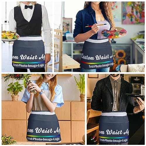 sophiehome Custom Waist Apron with Pockets Add Photo Logo Name Personalized Waiter Server Short Aprons for Kitchen - color: Navy Blue