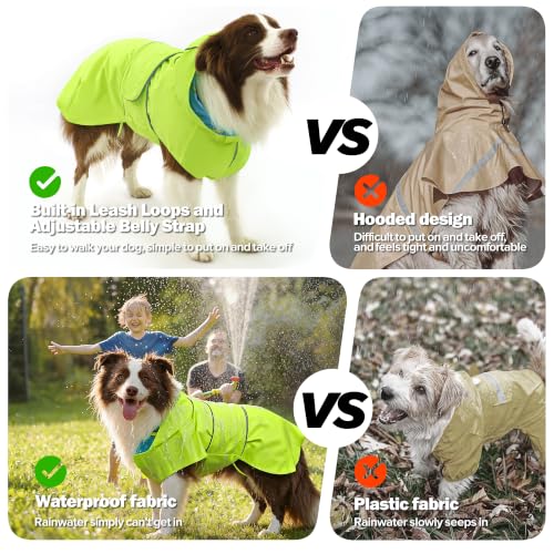 Kimee Dog Raincoat Reversible, Single Side Slicker Poncho Adjustable Waterproof Dog Rain Jacket with Leash Hole/Reflective Stripe Hooded Snowproof Windproof Clothes for Medium to 2X-Large Dogs, 2XL - color: Neon Green, size: 2X-Large