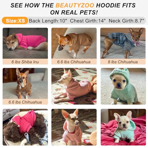 BEAUTYZOO Small Dog Hoodie Sweater with Pockets, Dog Clothes for Small Medium Dogs Boy Girl, Waffle-Like Laminated Cotton Pet Coats with Hat and Leash Hole, Khaki XS - color: Khaki, size: XS (Back: 10",Chest: 14", Neck: 8.7")