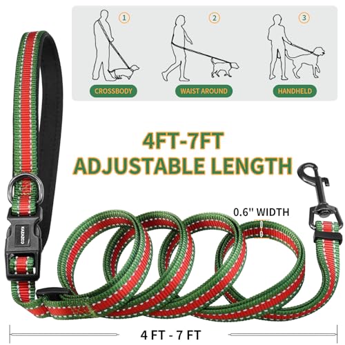 Kazazoo Hands-Free Dog Leash with Poop Bag Holder, Adjustable 4-7 Ft Waist for Dog Walking, Running for Small Dogs with Reflective Strips, Nylon Waist Belt,Red&Green - color: Red&green