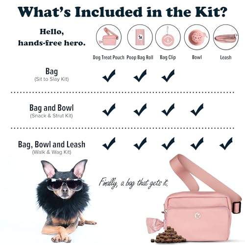 Puppington 3-in-1 Crossbody Dog Treat Pouch for Pet Training - Compostable Poop Bags, Built-In Poop Bag Dispenser, Slow-Feeding Travel Dog Bowl & Reflective Leash - Dog Walking Bag (Blush Pink) - color: Blush Pink