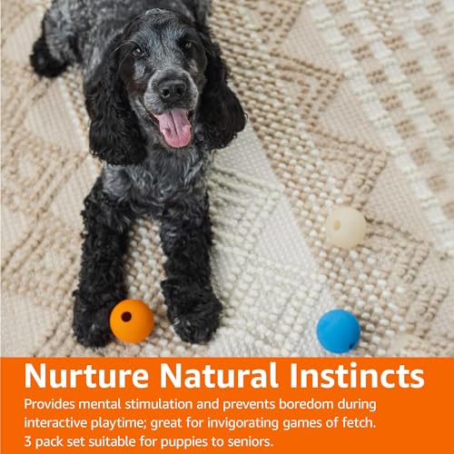 Amazon Basics Interactive Bouncy Durable Rubber Dog Toy Balls, 2.5 inch, Blue, Beige, Orange, Pack of 3 - size: 2.5 inch, style: Assorted Balls (Pack of 3)