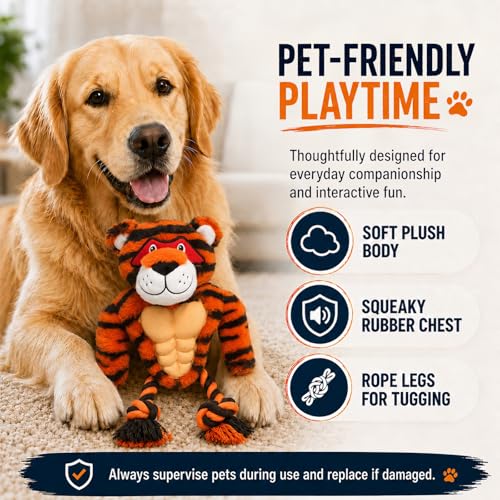 Tiger Rope & Plush Dog Toy with Squeaker, Interactive Tug Toy for Medium to Large Dogs, Multi-Texture Toy for Tug, Toss & Supervised Play - color: Tiger
