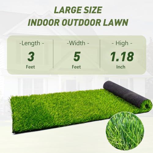 Artificial Turf Grass Outdoor, 3FTx5FT Realistic Fake Grass Rug, Premium Pet Pad & Synthetic Lawn Mat for Garden, Landscape, Patio, Balcony, 15 Sq Ft, Elegant & Durable (3 * 5 FT) - size: 3' x 5' (Rectangular)