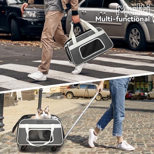PETSFIT Airline Approved Cat Carrier with Wheels Designed for Small Dogs/Cats with Adjustable Safety Rope & Removable Wheels - color: Medium Gray, size: 20.1"L x 12.2"W x 14.2"H