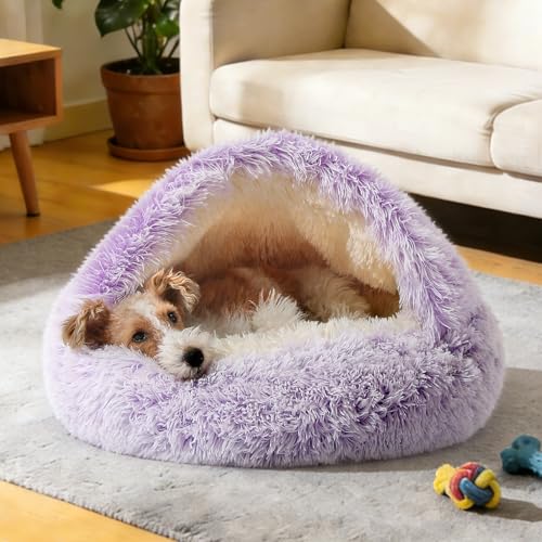 NOYAL Round Hooded Donut Dog Bed for Small & Medium Pets - Plush Fluffy Anti-Anxiety Cat Cave Bed with Cover - color: Gradient Purple, size: Small 19.6''