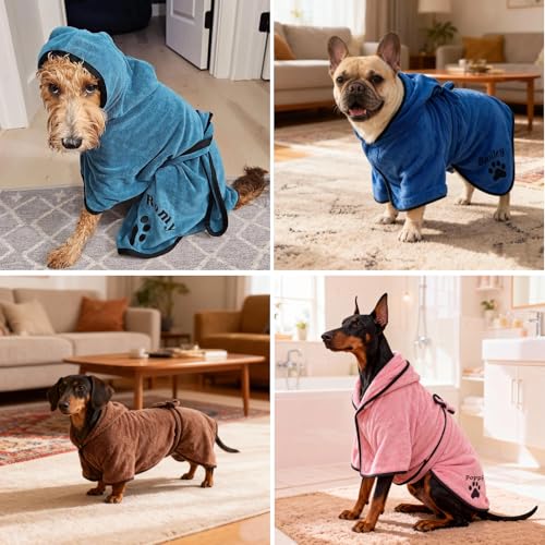 Personalized Dog Bathrobe Dog Towel Robe Custom Name Hooded Pet Towel for Large Small Dogs Absorbent Microfiber Robes After Bath