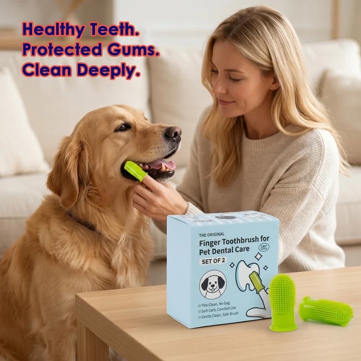 Dog Finger Toothbrush 2 Pack, Small & Large Sizes for Better Finger Fit, Soft Food Grade Silicone Dog & Cat Toothbrush, 180° Bristles for Plaque & Tartar Removal, Pet Teeth Cleaning & Bad Breath Care