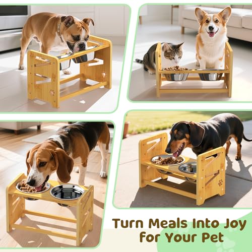 Elevated Dog Bowls, Adjustable Raised Dog Bowl Stand for Medium and Small Dog, 11" High Bamboo Pet Food Feeder with 2 Stainless Steel Dishes(4 Heights) - size: Medium/Small sized dogs