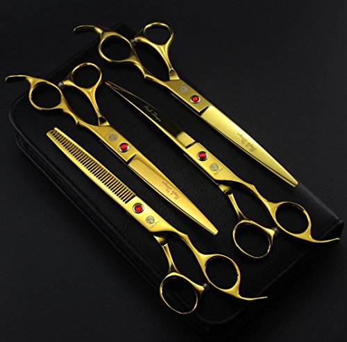 Purple Dragon Professional 7.0 inch 4PCS Pet Grooming Scissors Kit Japan Premium Steel Straight & Curved & Thinning Blade Dog Hair Cutting Shears Set with Case - color: Gold