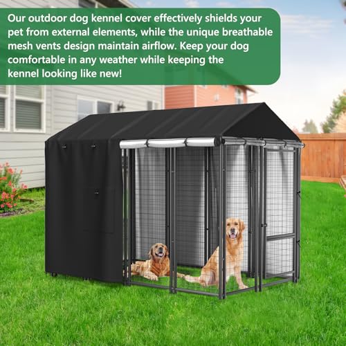 Outdoor Dog Kennel Cover 8'D x 4'W x 6'H Black Full Coverage with Transparent PVC Window and Breathable Mesh All-Weather Protection for Multiple Brands of Kennels Only Cover - size: 8'D x 4'W x 6'H