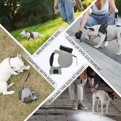 Retractable Dog Leash for Medium & Small Dogs - 16.4 Ft Pet Leash with Detachable LED Flashlight, Poop Bag Dispenser, Ergonomic Handle(Gray)