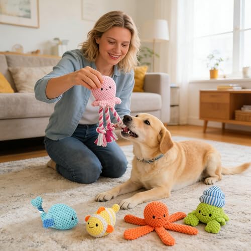 Prime Pets 5 Pack Squeaky Dog Toys, Plush Crinkle Dog Toys for Small Medium Dogs, Stuffed Tough Puppy Chew Toy to Keep Them Busy, Interactive Pet Toy