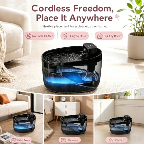 Cordless Cat Water Fountain, Pet Drinking Dispenser with LED Light, 4000mAh Battery Operated, 74oz/2.2L Wireless Fountain for Cats, Dogs and Small Pets (Black Water Fountain)
