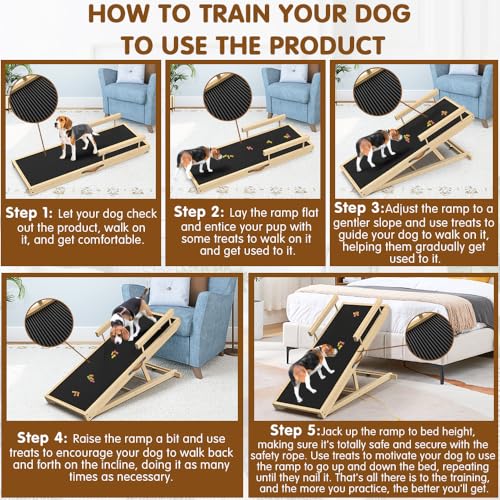 Dog Ramp for Couch, Bed or Car, Wooden 44" Long Pet Stairs for Small & Large Old Dogs & Cats, Hold up to 200lb, 5 Adjustable Height from 14.96" to 22", Portable Doggie Steps, Excellent Traction - size: 44"L*15.74"W*14.96"~22.04"H
