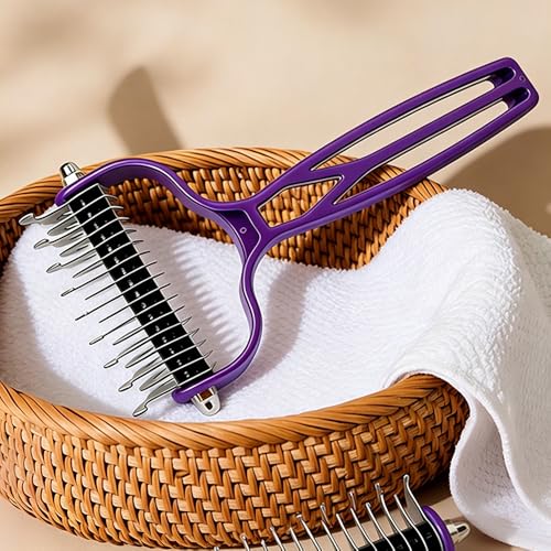 Double Sided Dematting Comb for Cats & Dogs, Undercoat Rake, Safe Deshedding Grooming Tool, Gentle Matt Remover Detangler for Long Thick Haired Pets, Ergonomic Pet Grooming Brush (Purple) - color: Purple
