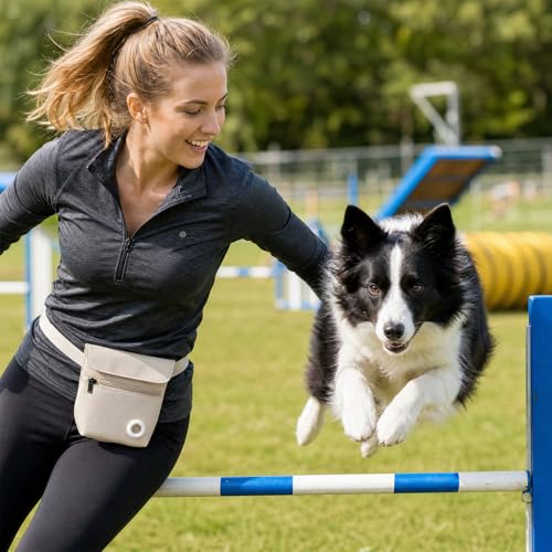 Dog Treat Pouch and Dog Training Clicker, Treat Bag with Poop Bag Dispenser, Powerful Magenetic Clasp, Metal Clip Waist Belt Fanny Pack for Pet Walk Dog Training (White) - color: White