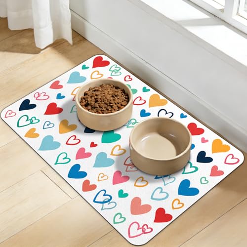 Dog Food Mat for Bowls, Absorbent Quick Dry Dog Cat Mats for Food and Water, Non-Slip Backing Pet Mat Pet Supplies - Heart Pattern - color: Heart1