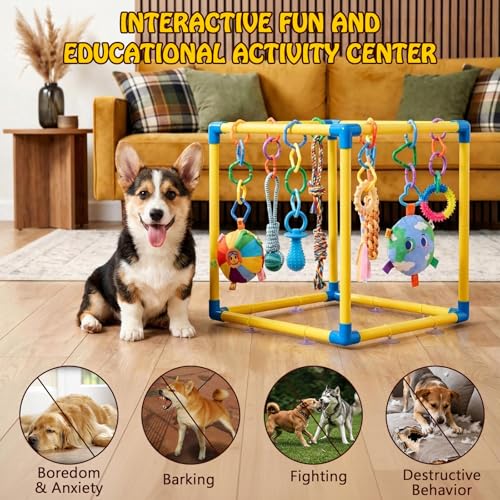 Puppy Play Gym with 8 Hanging Toys, Small Dogs Indoor Jungle Playground, PVC Frame with Suction Cups Interactive Enrichment Activity Center