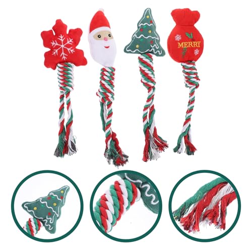 Kichvoe Christmas Dog Chew 4pcs Set Plush Teething Puppy with Knotted Rope for Dental Cleaning and Training, Portable Interactive Household Dog for Puppies