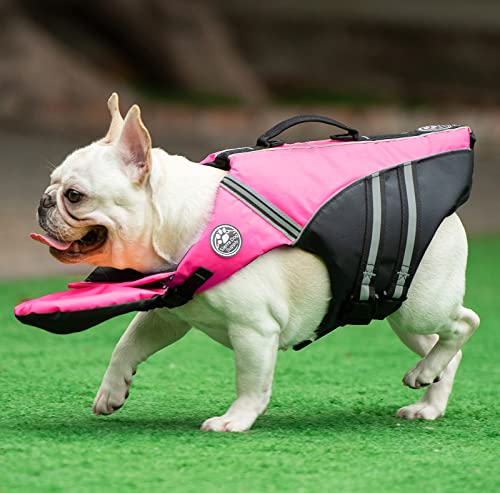 Dog Life Jacket, French Bulldog Life Vest for Swimming Boating, Dog Swim Vest with Chin Float and Rescue Handle, High Flotation Puppy Life Jackets (Chest Girth: 17" to 30", Weight: 17" to 28" LB) - color: Cute Pink