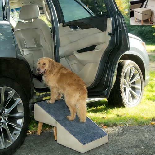 Foldable Dog Ramp Split Ottoman Outdoor seat footrest Stool Couch Sofa Furniture Car RV Side Door, Small Medium Senior Injured cat pet (Light Gray, Ramp 13.5" H x 32" L x 16" W (Ottoman: 16in Cube))