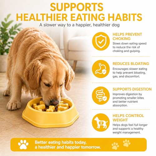 Slow Feeder Bowl for Small & Medium Cats & Dogs - Durable Slow Feeding Bowl with Non-Slip Base -Anti-Choking Puzzle Food Bowl for Dogs That Helps Mental Stimulation & Reduces Fast Eating-Yellow - color: Yellow