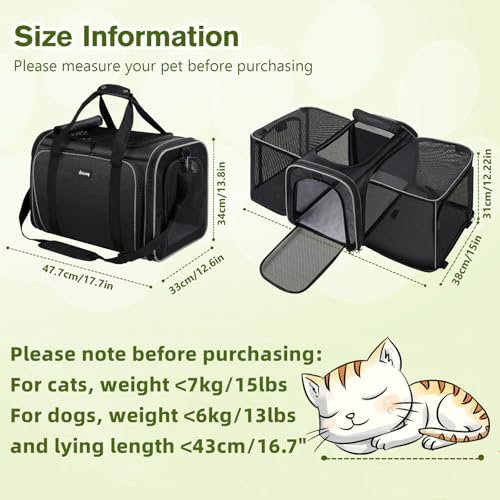Pecute Cat Carrier Expandable, Extra Large Pet Carrier Bag, Foldable Cat Carrier Bag with Breathable Mesh, Pet Carrier Transport Bag for Dogs and Cats, with Shoulder Strap and Pet Bowl, Black