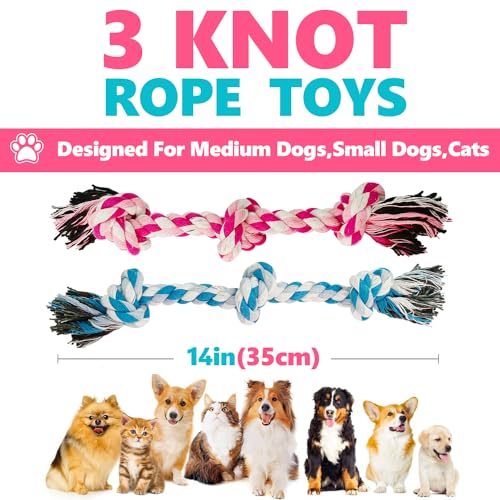 Dog Rope Toys Chew Rope Toy for Medium and Small Dogs Cat Puppy Teeth Cleaning Natural Cotton Dog Pull Rope for Interactive Tug of War Funny (Small 3 Knots (2Pack))