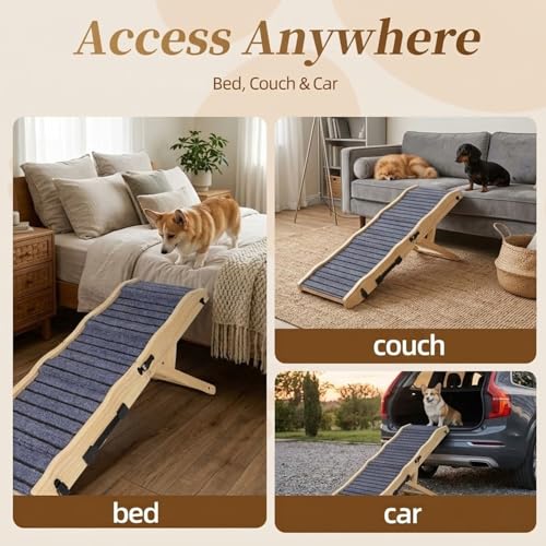2026 Upgraded Dog Ramp for Couch & Low Bed, 33" L Folding Wood Pet Ramp 200LB Capacity, 4-Level Adjustable Height 11"-20", Non-Slip Sturdy Puppy Ramp for Small & Senior Dogs, Joint Relief, Wavy Design - color: 33"l Small