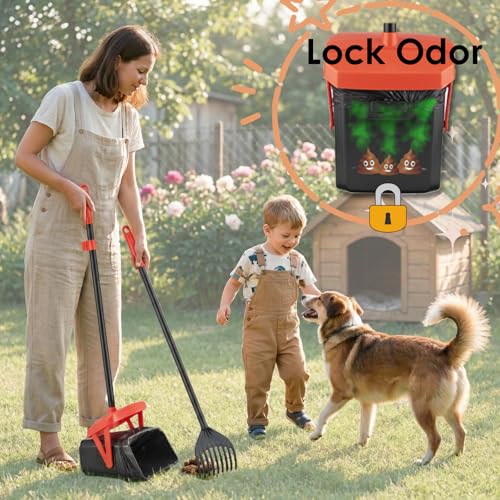 TIMINGILA 36" Pooper Scooper Swivel Bin & Rake with 100 Dog Poop Bags,Adjustable Long Handle for No-Bend Cleanup,Portable Non-Breakable Dog Poop Scooper for Large Medium Small Dogs