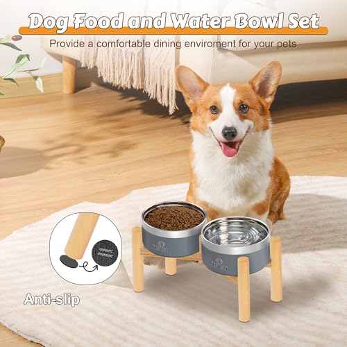 UPSKY Elevated Dog Bowls – 27oz Stainless Steel Anti-Spill Set with Wooden Stand, Double Raised Bowls for Small/Medium Dogs to Reduce Neck Strain & Improve Digestion - color: Grey