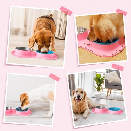 MateeyLife Dog Food and Water Bowl Set 3 in 1, Slow Feeder Dog Bowls & Stainless Steel Water Bowl with Non-Spill Silicone Mat, Cat and Puppy Bowls Pet Dishes for Small Medium Large Breed Anti-Choking - color: Pink, size: Large