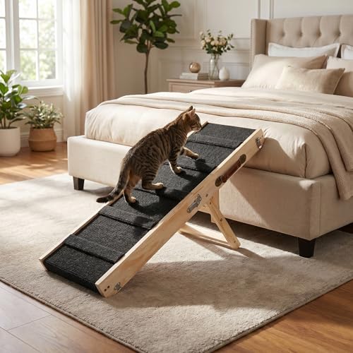 Wooden Dog Ramp for Bed – Folding Pet Ramp for Couch | Collapsible Wooden Pet Ramp, 4 Adjustable Heights, Non-Slip High Traction Fabric Surface, Portable Solid Pine Wood Steps - size: Trumpet