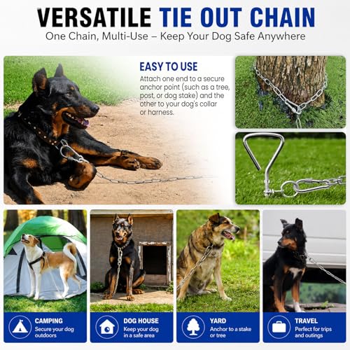 25ft Heavy Duty Dog Tie-Out Chain for Outside - Chew Proof Metal Leash with Strong Hook and Lockable Snap, Outdoor Dog Runner Lead for Small Medium Large Dogs up to 200lbs for Yard