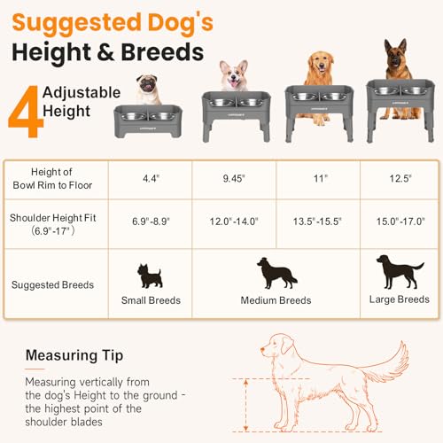 URPOWER 3-in-1 Elevated Dog Bowls - Mess Proof Double Deck 4 Height Adjustable Raised Stand with 2 Stainless Steel Food Bowls & Licking Plate for Small, Medium & Large Dogs - color: Grey, size: Large