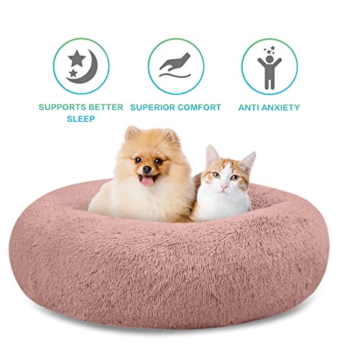 SAVFOX 30 inches Calming Donut Dog Bed - 3X Durable Plush Faux Fur, Machine Washable & Non-Slip, Fits up to 45 lbs, Pink - color: Pink, size: Medium | 30"x30"