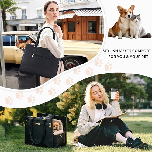 Dog Purse Carrier for Small Dogs, Stylish Foldable Pet Carrier Purse Tote Bag with Washable Cushion & Safety Leash, Airline Approved Puppy Travel Bag with Pockets (Black) - color: Black
