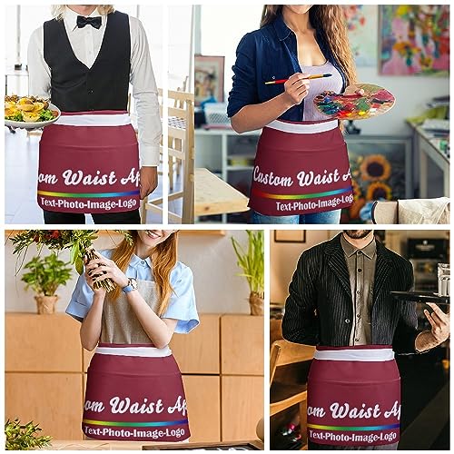 sophiehome Custom Waist Apron with Pockets Add Photo Logo Name Personalized Waiter Server Short Aprons for Kitchen - color: Cardinal