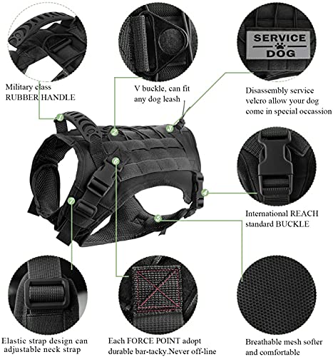 Tactical Dog Harness Vest with Pouches Training Outdoor Military K9 Harness Tactical Vest Detachable Medicine & Water Bags, 3 Patches - color: Black, size: Large (Pack of 1)