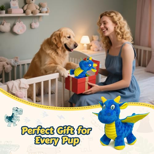 Squeaky Dog Toys for Large Dogs - Plush Dragon Dog Toy with 5 Squeakers & Crinkle Paper, Stuffed Interactive Dog Toy for Gentle Chewers (Blue,10") - color: Blue