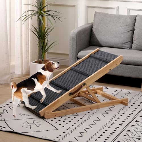 Foldable Wooden Dog Ramp & Pet Stairs - 5-Level Non-Slip Pet Steps for Dogs & Cats,Wood Ramp for Dogs to Get on Bed Couch Car,Suitable for Indoor and Outdoor use