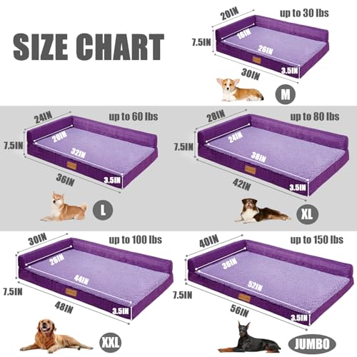 Patas Lague Orthopedic Dog Bed Medium Size Dog 30''X20'', Waterproof L Bolster Medium Pet Sofa Beds with Removable Washable Cover, Soft Pet Couch Crate Mat with Nonskid Bottom, Purple - color: Purple, size: 30"L x 20"W x 3.5"Th