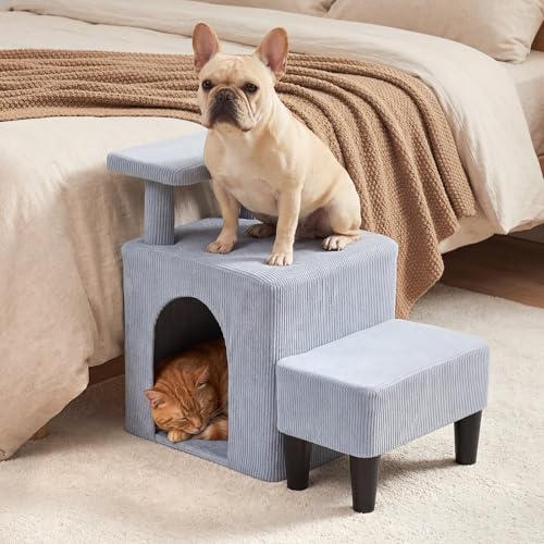 Veehoo 3 in 1 Dog Cat Stairs for Bed Couch, Small Steps Non Slip for Older Dogs Cats to Get on Bed Portable with Cave Condo and Cushioned Foot Stool, Pet Steps Cat Ramps Indoor for Senior Cats Dogs