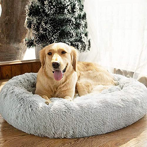 SAVFOX 36 inches Calming Donut Dog Bed - 3X Durable Plush Faux Fur, Machine Washable & Non-Slip, Fits up to 100 lbs, Light Grey - color: Light Grey, size: Large | 36"x36"