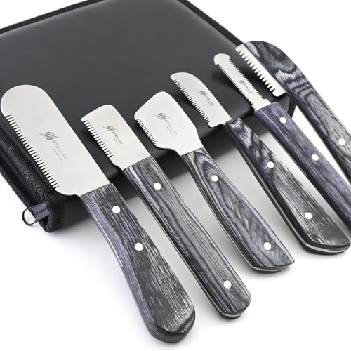 Dog Grooming Stripping Knife Set – 6-Piece Stainless Steel Hand Stripping Tools with Wooden Handles – Coarse, Medium, Fine & Extra-Fine Knives for Dogs, Cats & Wire-Coated Pets (Black) - color: Black