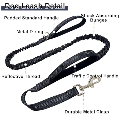 5FT Bungee Dog Leash with 2 Handles, Reflective Nylon Traffic Leash | Shock Absorbing Lead Strong for Large Medium Dogs Anti-Pull Training Walking Controlling Comfortable Padded Handle, Black - color: Black