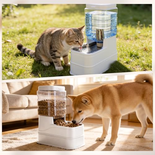 2 Pack Automatic Cat Feeder and Water Dispenser 1.3Gallon Dog Gravity Food Feeder and Water with Ice Pack Stainless Steel Dry Food and Waterer Bowl for Small Medium Large Pets (White) - color: White